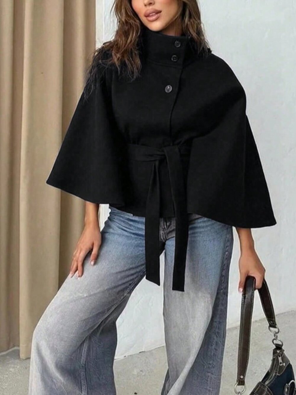 Black Casual Women's Front Button Tie Waist Cloak